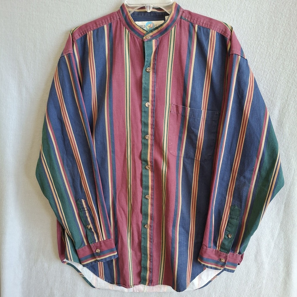 Vintage 90s World Island Shirt Men's Large Band Collar Striped Cotton Kenya Boho
